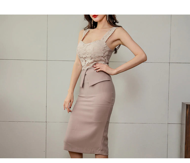 V Collar Sleeveless Summer Lace Pencil Dress