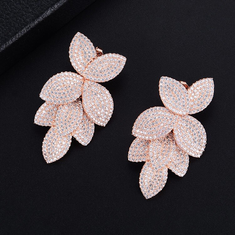 Fashion Flower Leaf Leaves Cubic Zirconia Adjustable Ring and Earrings