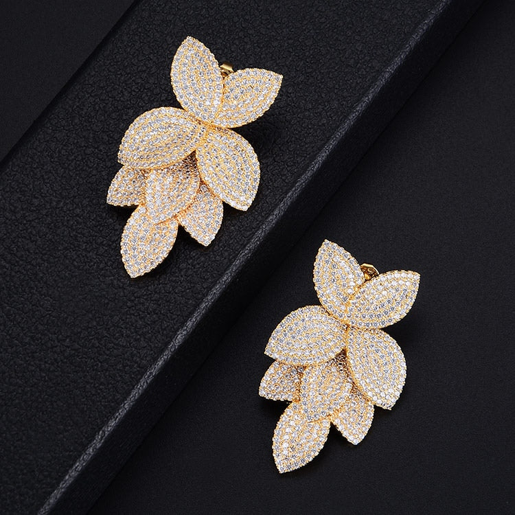 Fashion Flower Leaf Leaves Cubic Zirconia Adjustable Ring and Earrings
