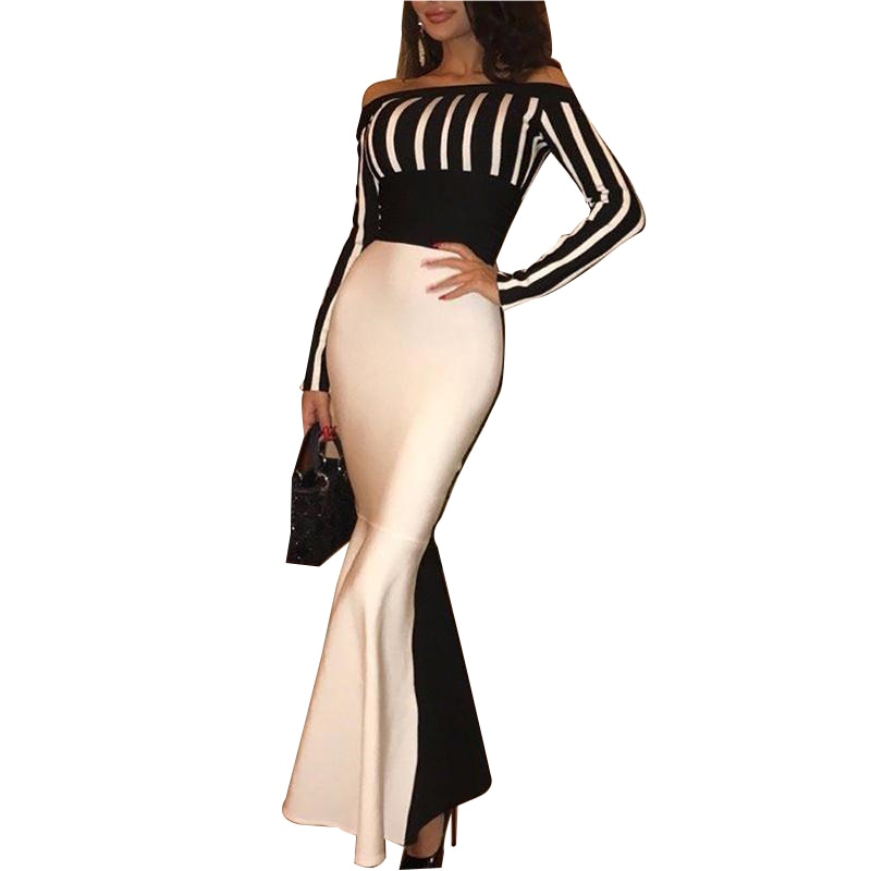 Elegant Stripe Off Shoulder Slash Neck Long Dress