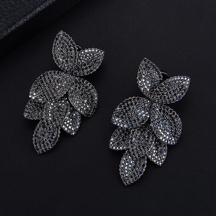 Fashion Flower Leaf Leaves Cubic Zirconia Adjustable Ring and Earrings