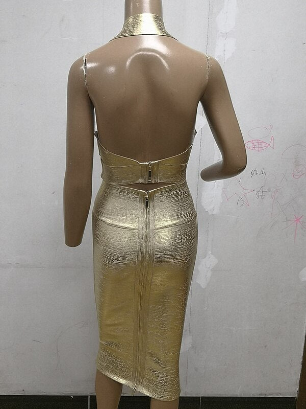 High Quality Gold 2 Pieces Set Knee Length Rayon Bandage Dress