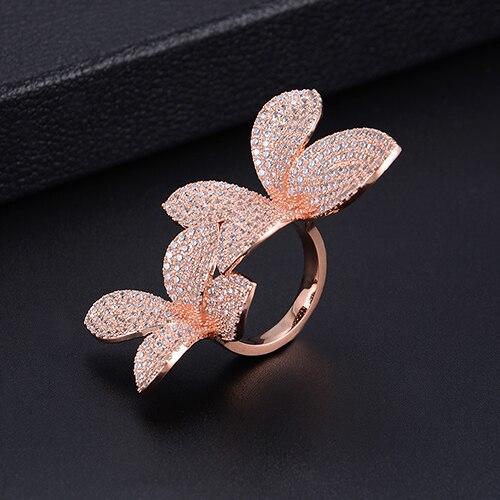 Fashion Flower Leaf Leaves Cubic Zirconia Adjustable Ring and Earrings