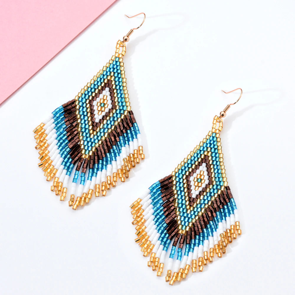 Women Bohemian Long Tassel Crystal Bead Handmade Earring