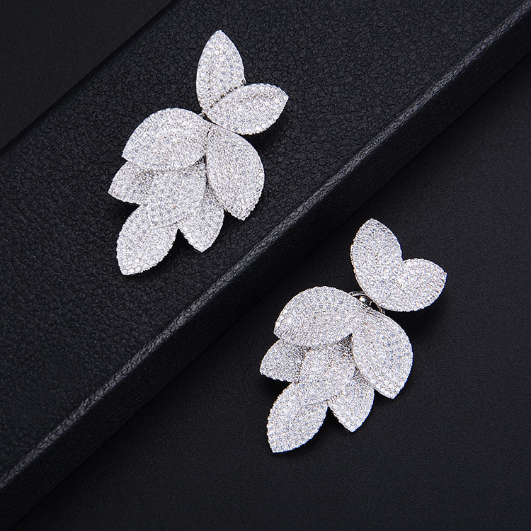 Fashion Flower Leaf Leaves Cubic Zirconia Adjustable Ring and Earrings