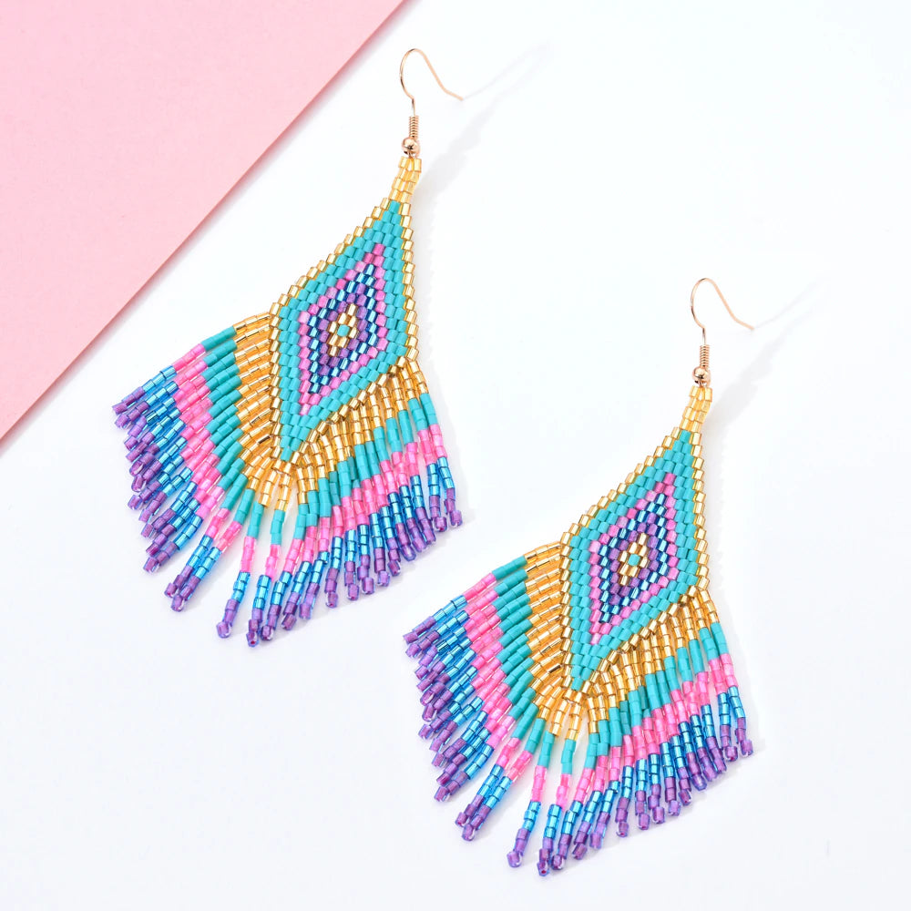 Women Bohemian Long Tassel Crystal Bead Handmade Earring