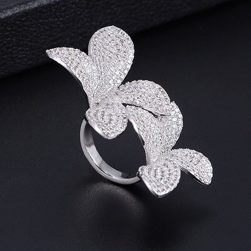 Fashion Flower Leaf Leaves Cubic Zirconia Adjustable Ring and Earrings