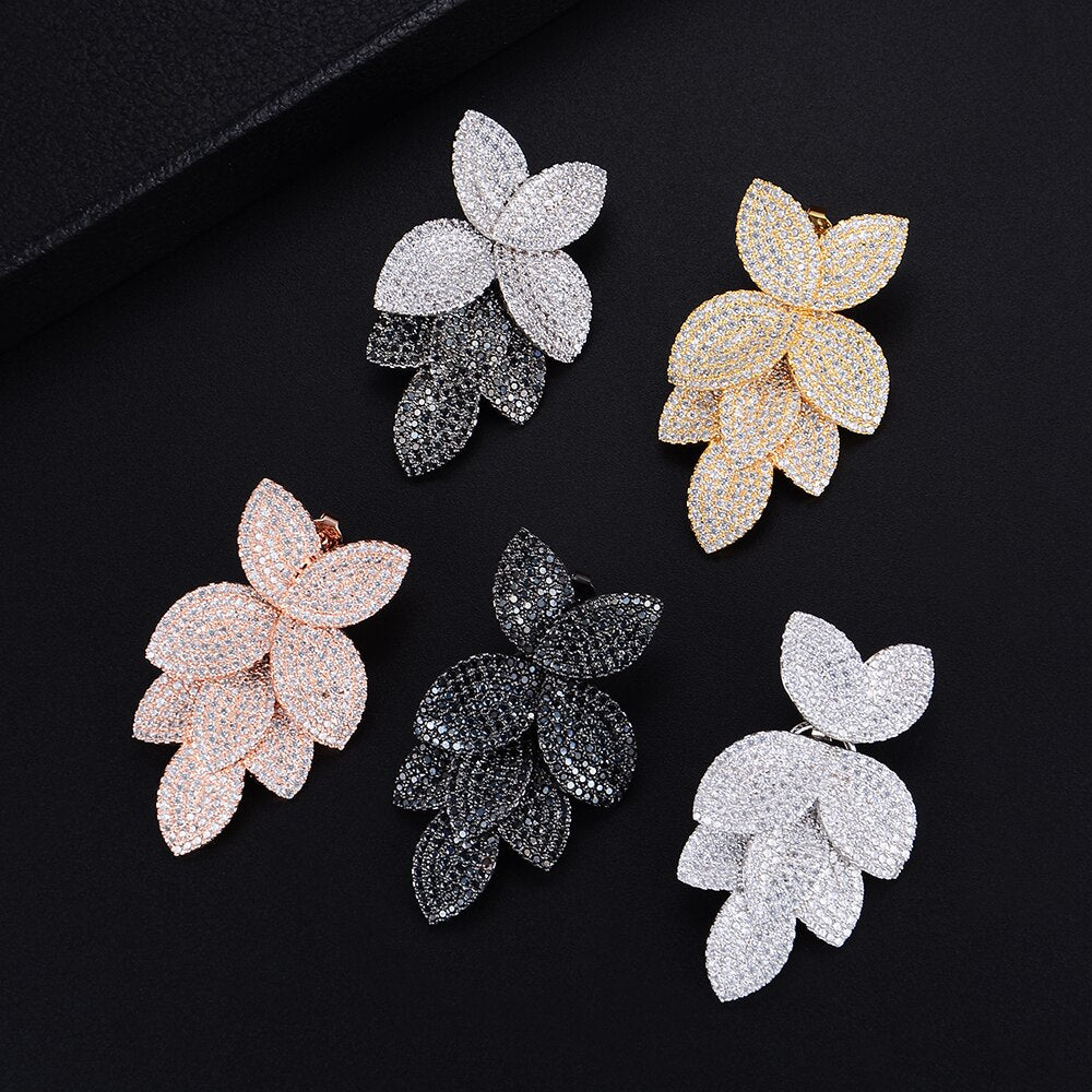 Fashion Flower Leaf Leaves Cubic Zirconia Adjustable Ring and Earrings