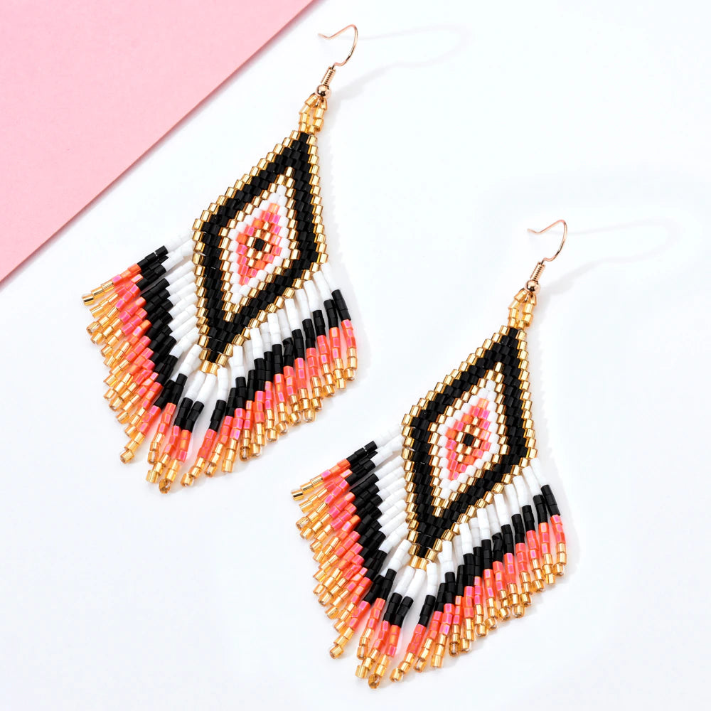 Women Bohemian Long Tassel Crystal Bead Handmade Earring