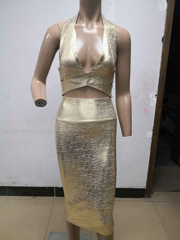 High Quality Gold 2 Pieces Set Knee Length Rayon Bandage Dress
