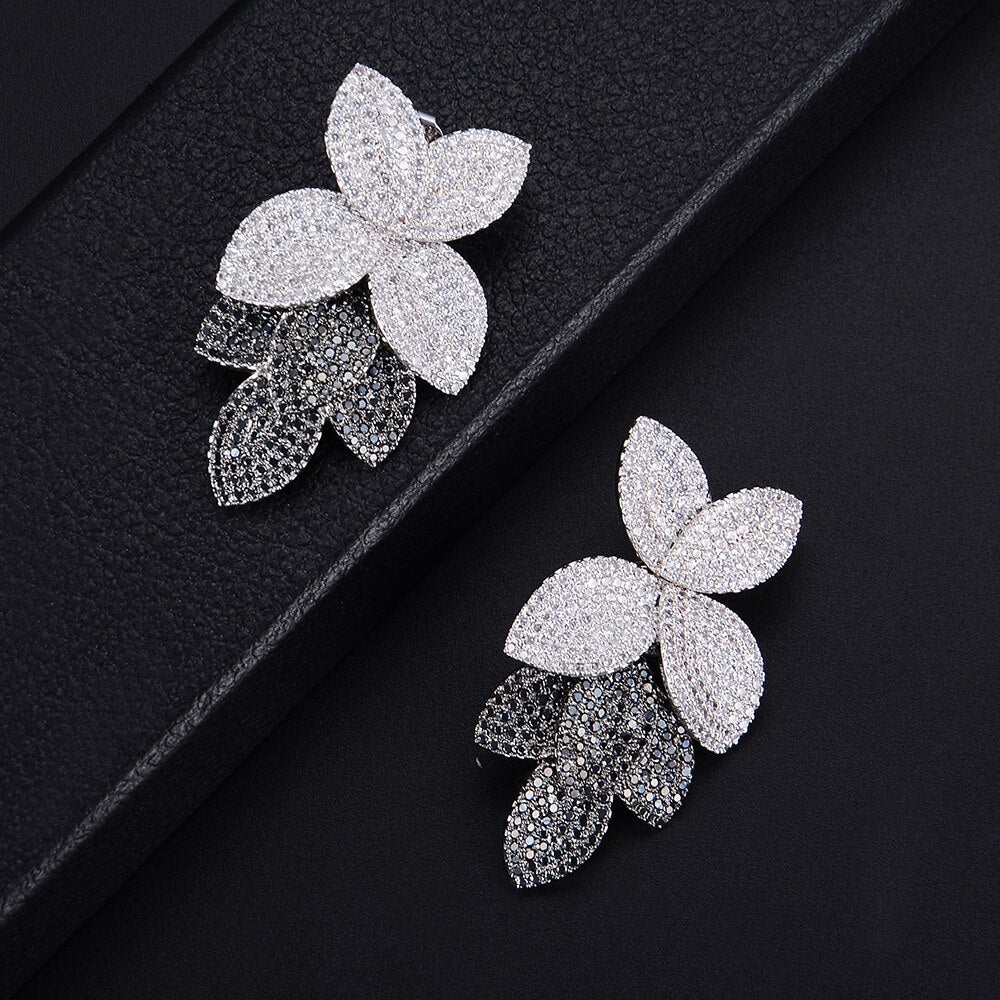 Fashion Flower Leaf Leaves Cubic Zirconia Adjustable Ring and Earrings