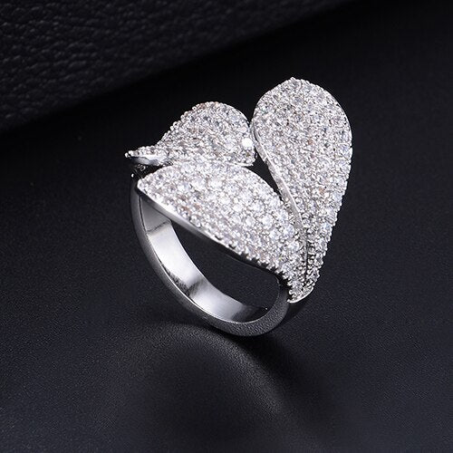 Fashion Flower Leaf Leaves Cubic Zirconia Adjustable Ring and Earrings