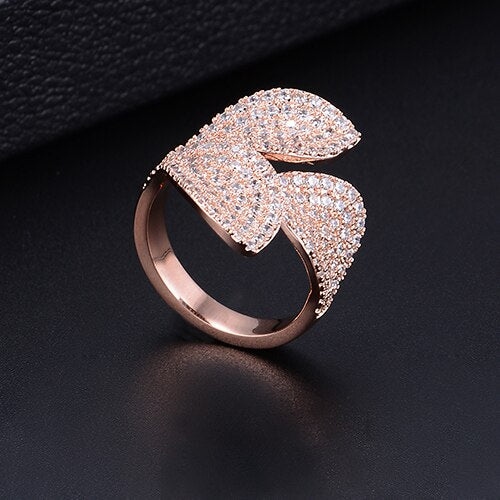 Fashion Flower Leaf Leaves Cubic Zirconia Adjustable Ring and Earrings