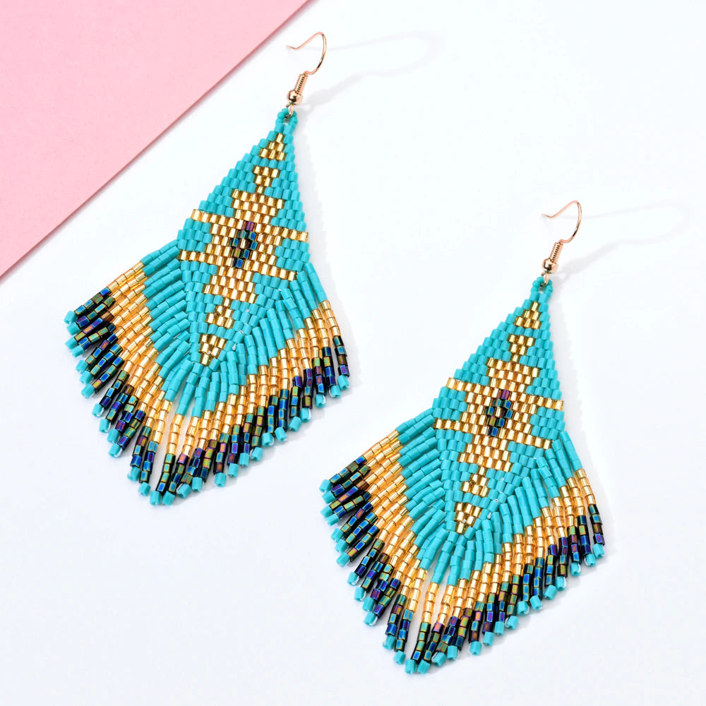 Women Bohemian Long Tassel Crystal Bead Handmade Earring