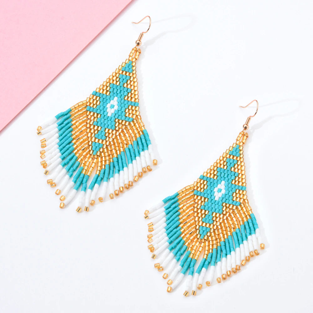 Women Bohemian Long Tassel Crystal Bead Handmade Earring