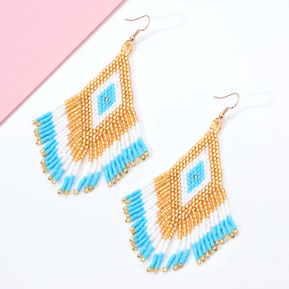 Women Bohemian Long Tassel Crystal Bead Handmade Earring