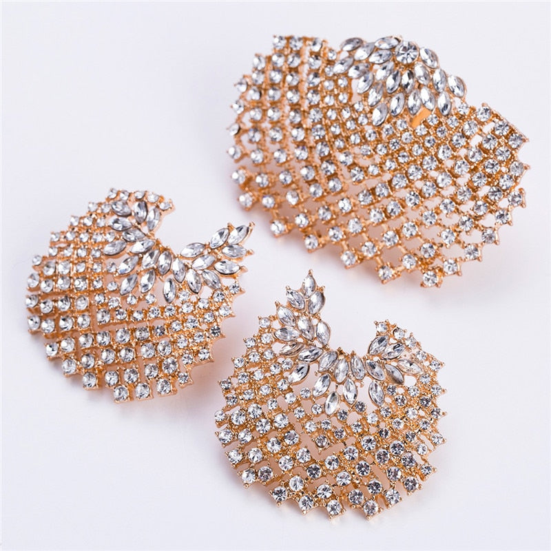 Bohemian Full Rhinestone Gold Silver Shell Stud Earring Ring for Women