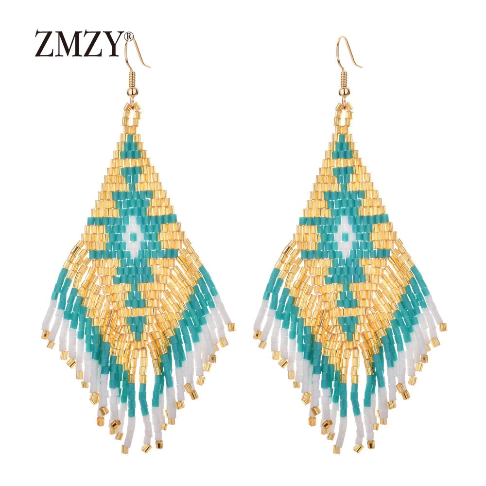 Women Bohemian Long Tassel Crystal Bead Handmade Earring