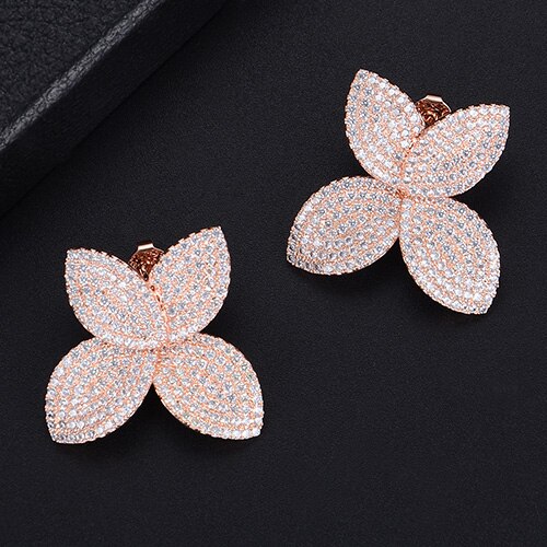 Fashion Flower Leaf Leaves Cubic Zirconia Adjustable Ring and Earrings