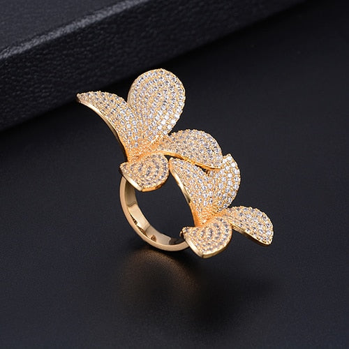 Fashion Flower Leaf Leaves Cubic Zirconia Adjustable Ring and Earrings