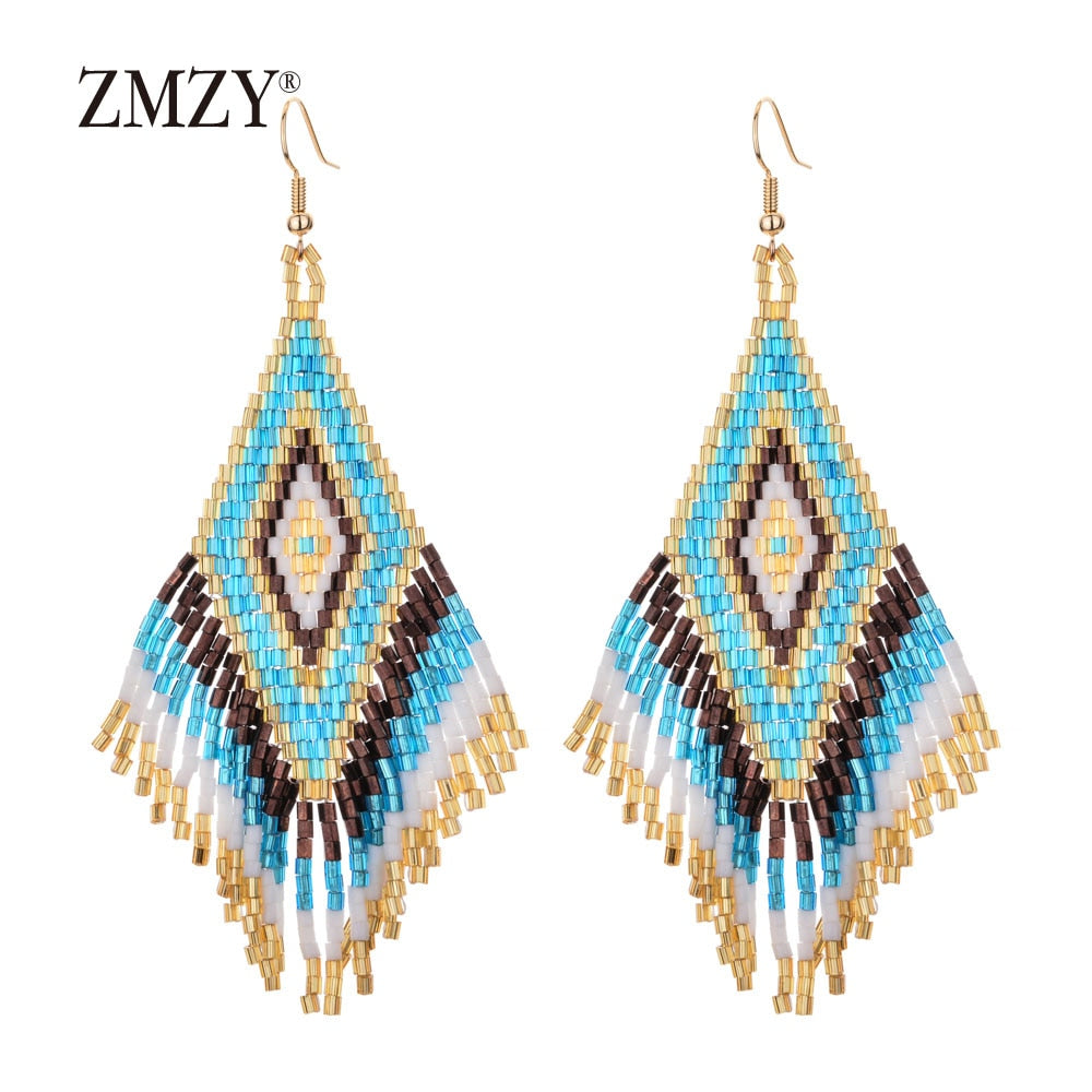 Women Bohemian Long Tassel Crystal Bead Handmade Earring