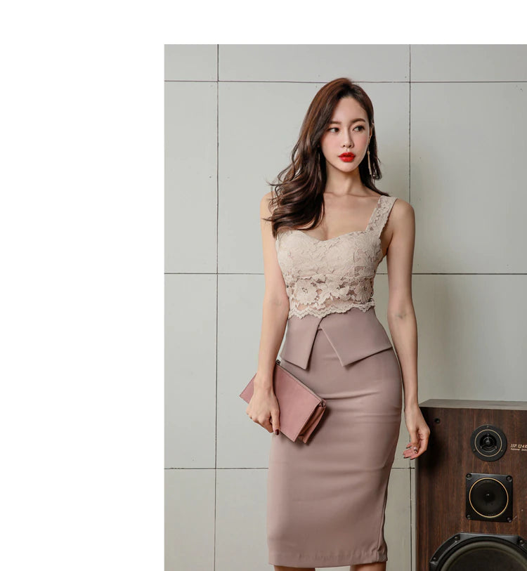 V Collar Sleeveless Summer Lace Pencil Dress