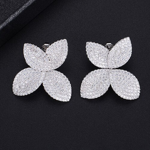 Fashion Flower Leaf Leaves Cubic Zirconia Adjustable Ring and Earrings