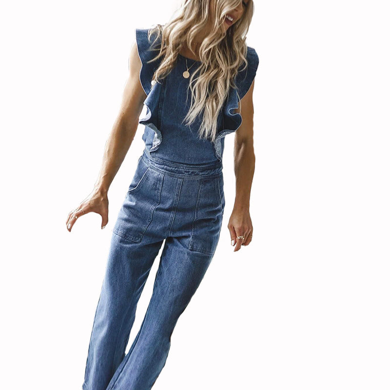 Casual Vintage Backless Denim Overalls Jumpsuit