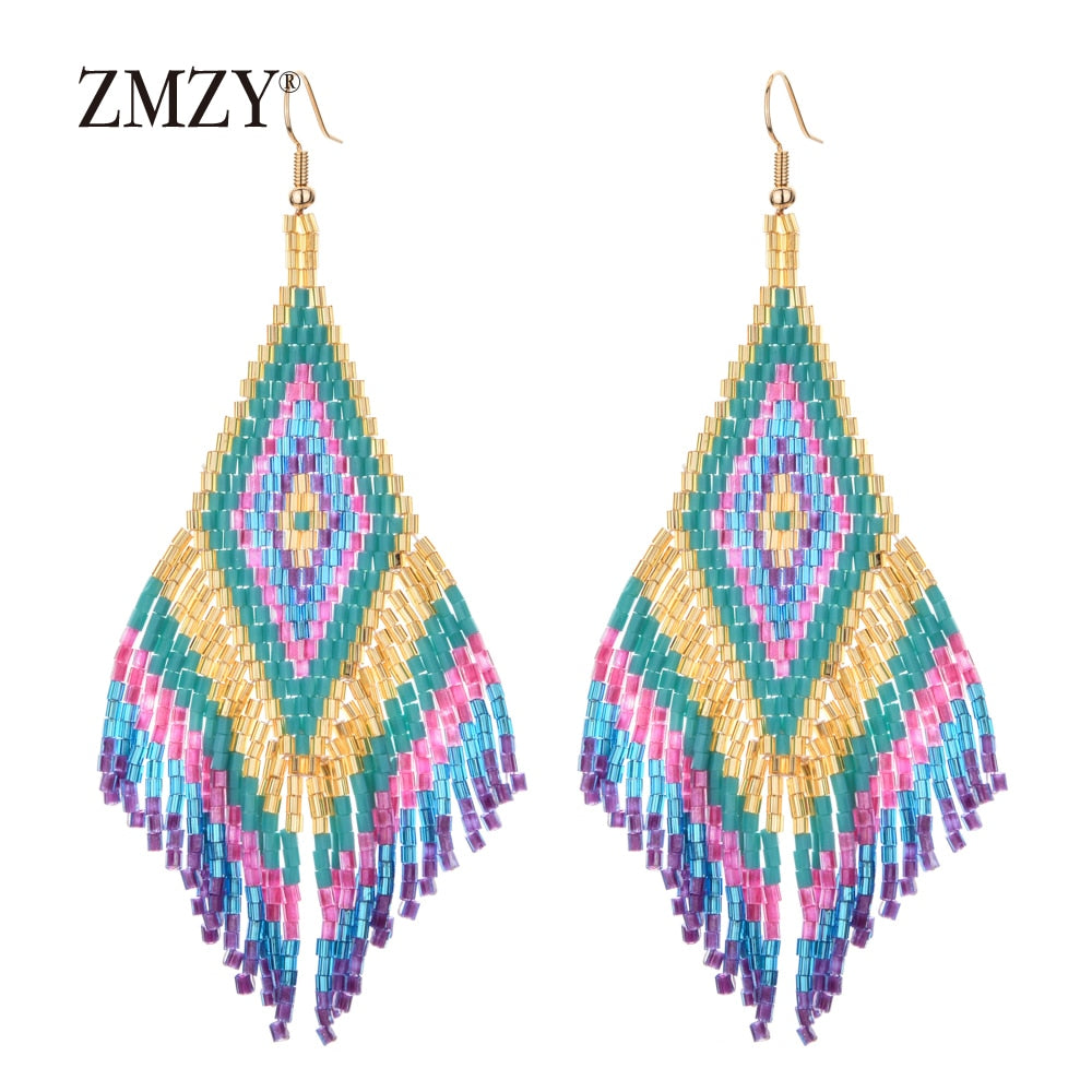 Women Bohemian Long Tassel Crystal Bead Handmade Earring