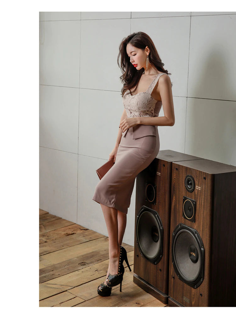 V Collar Sleeveless Summer Lace Pencil Dress