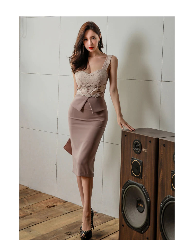 V Collar Sleeveless Summer Lace Pencil Dress