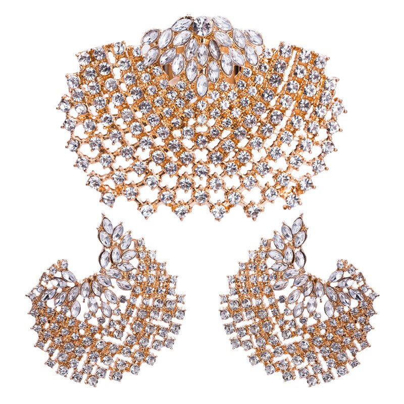 Bohemian Full Rhinestone Gold Silver Shell Stud Earring Ring for Women