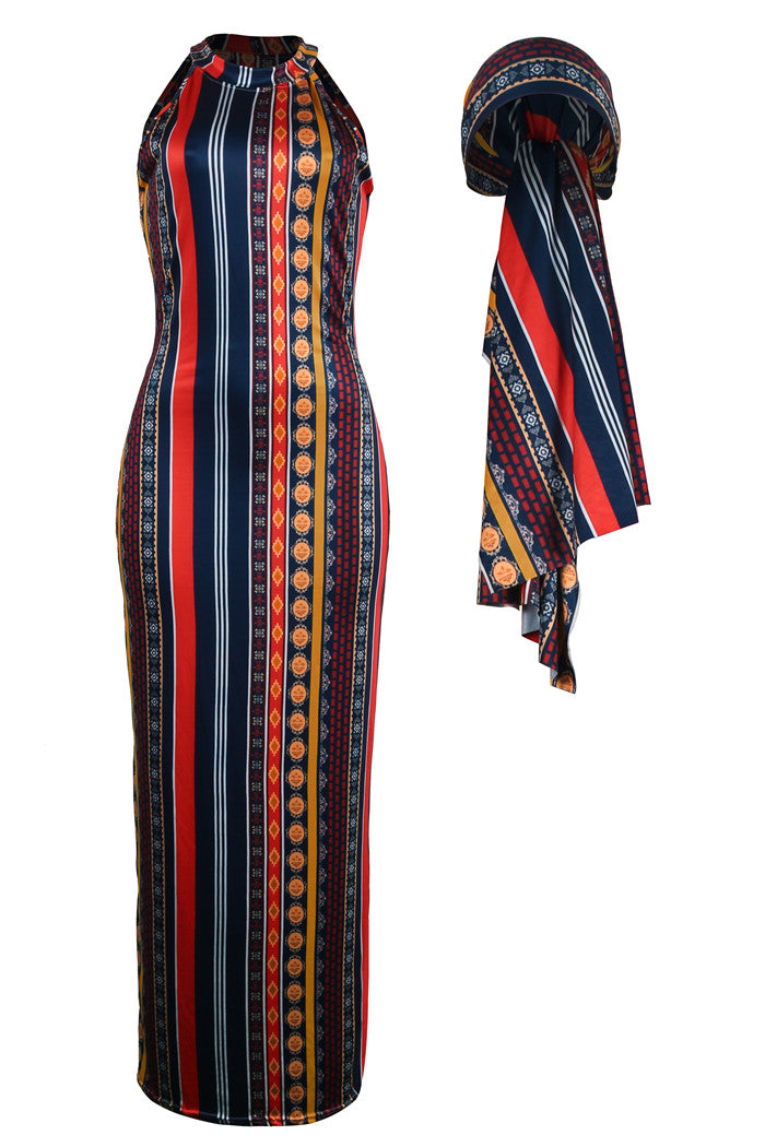 sexy Stripes Bohemian Print Dress (including headscarf)