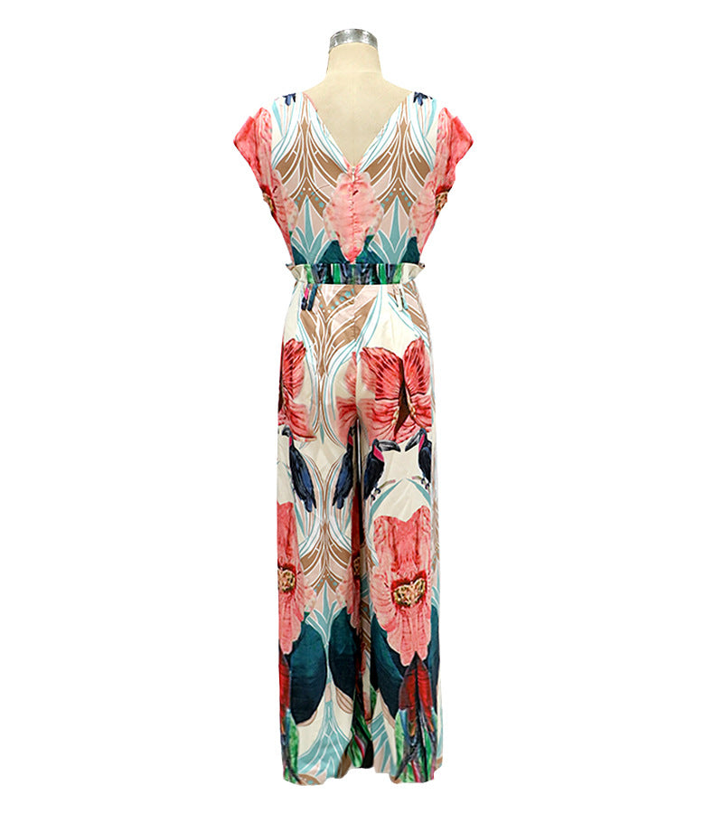 Floral Print Sexy V-Neck Sleeveless High Waist Wide Leg Jumpsuit