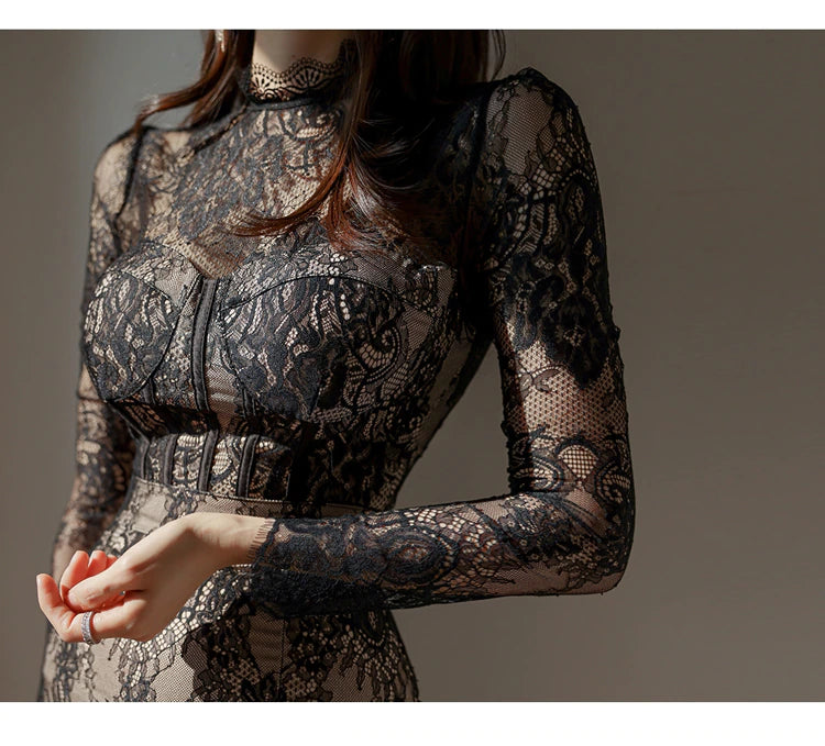 Spring Elegant Crochet See Through Lace Dress