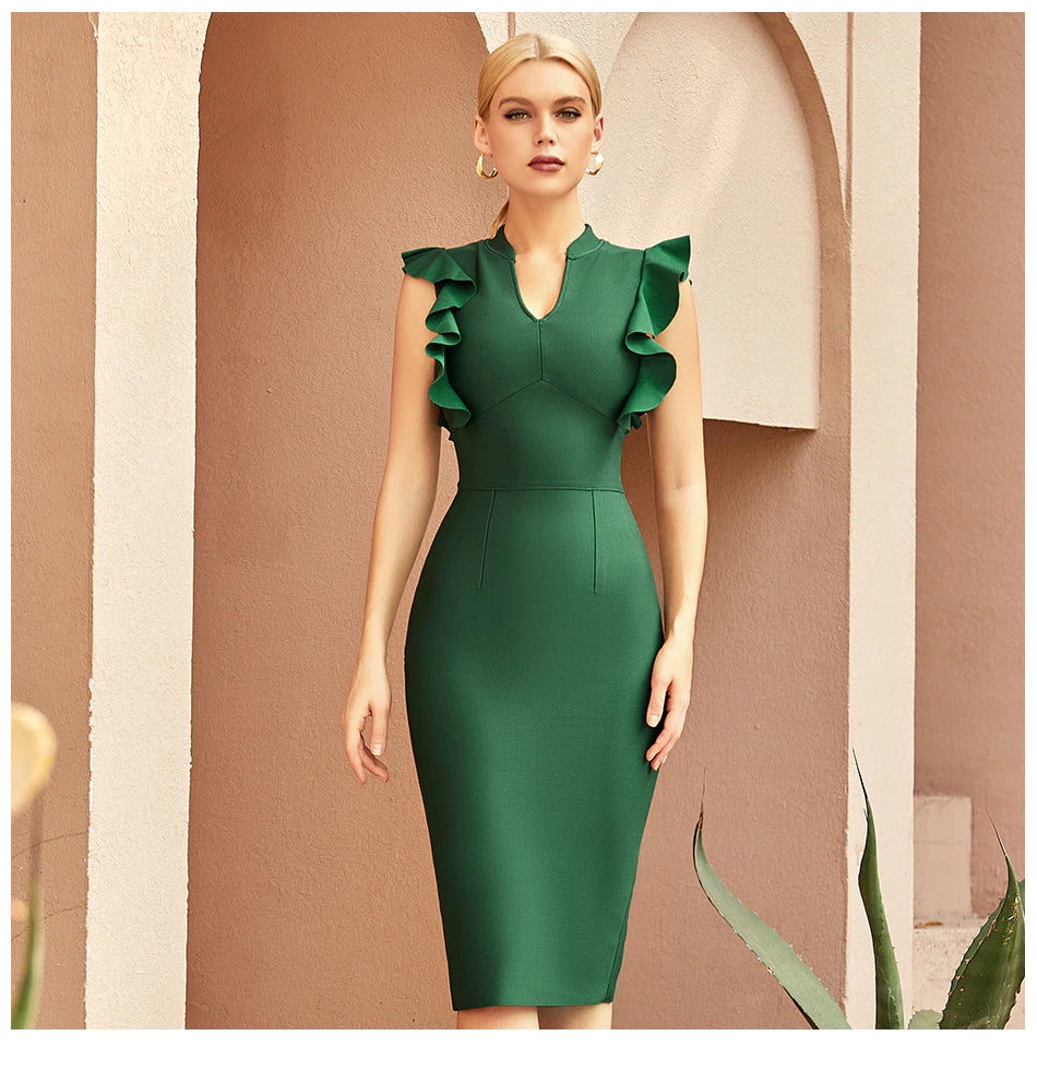 Green Ruffles  V Neck Sleeveless Midi Bodycon Bandage Dress