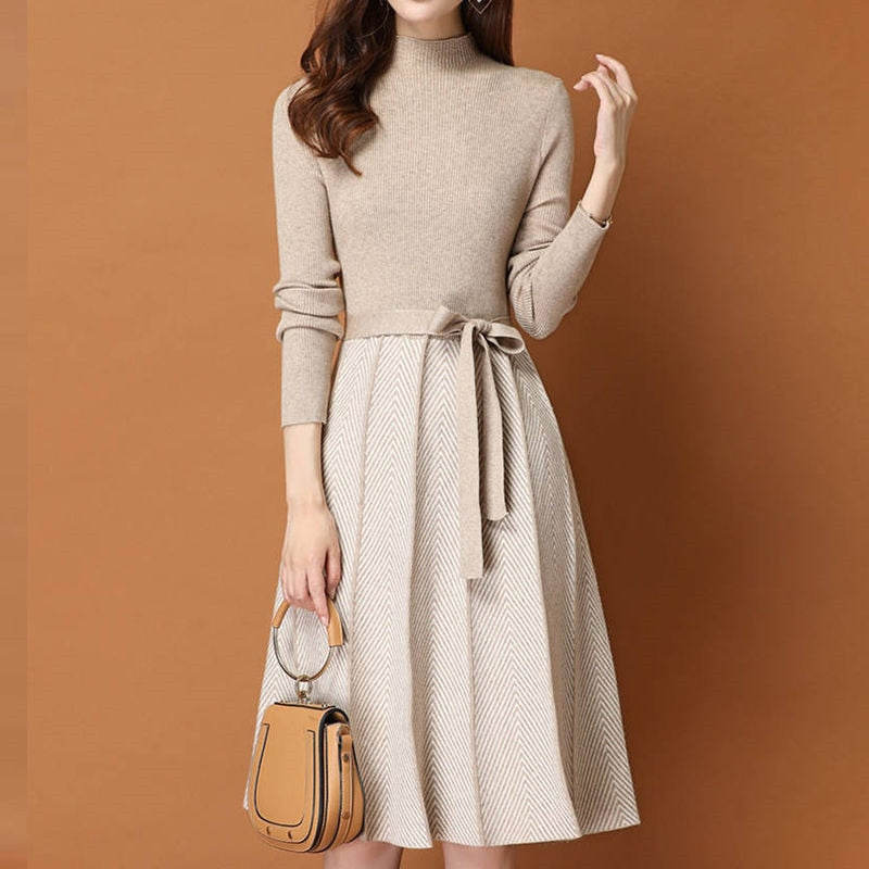 Elegant Knitted Sweater Pleated Dress