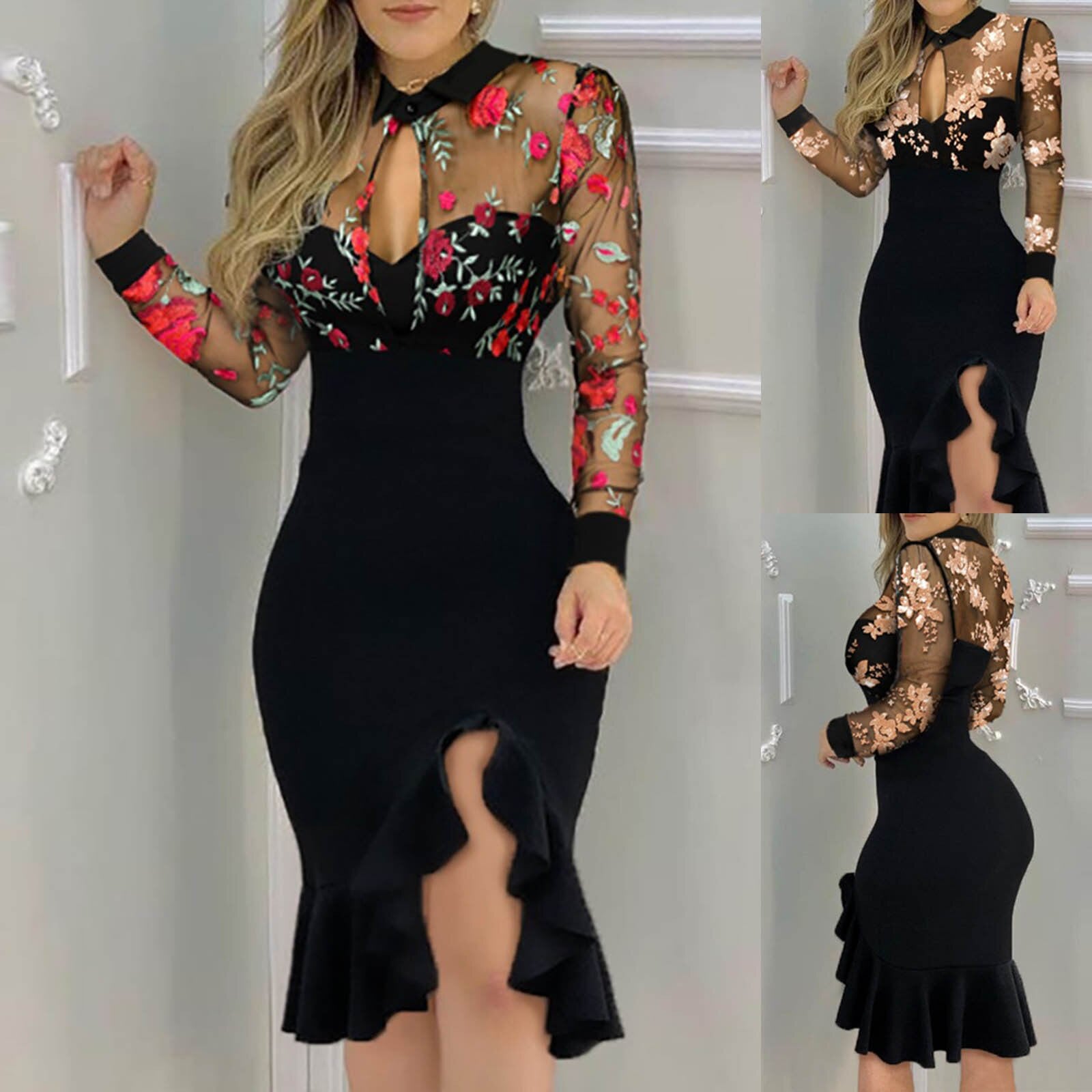 Slit Ruffles Hem Floral Pattern Lace Mesh Hollow OutV-Neck Long Sleeve Dress