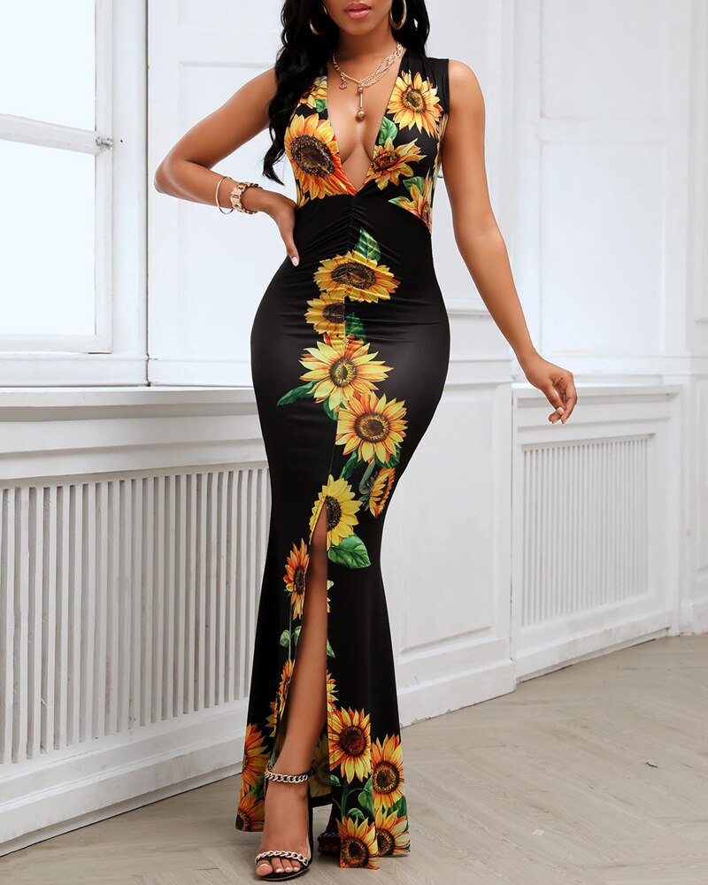Sexy Plunge Sunflower Print Slit Fishtail Hem Maxi Dress