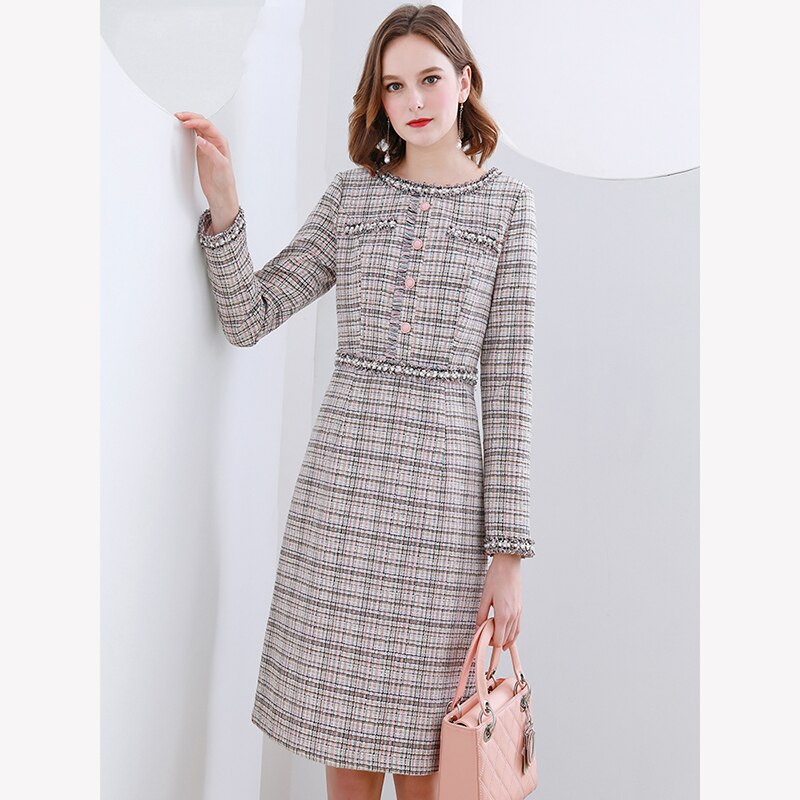 Winter Round Neck Beaded  Long-sleeved Vintage Wool Plaid Tweed Dress