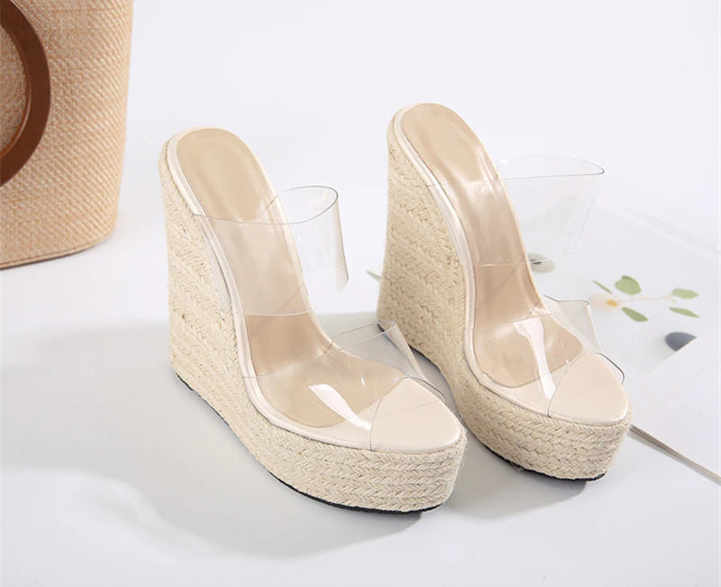 PVC Transparent Peep Toe Cane Straw Weave Platform Wedges