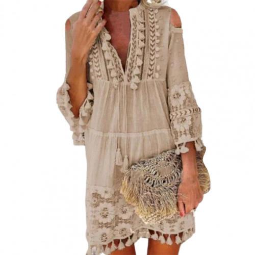 Long Sleeve Tassel Fringe Lace Deep V-Neck Shift Dress