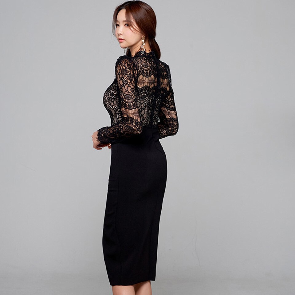 Spring White Black High Waist Tight Stitching Sexy Lace Stand Collar Long Sleeves Office Dress