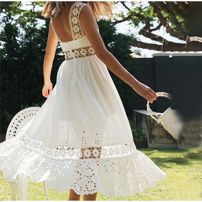 White Cotton Lace Hollow Out Backless Spaghetti Strap High Waist Long Dress