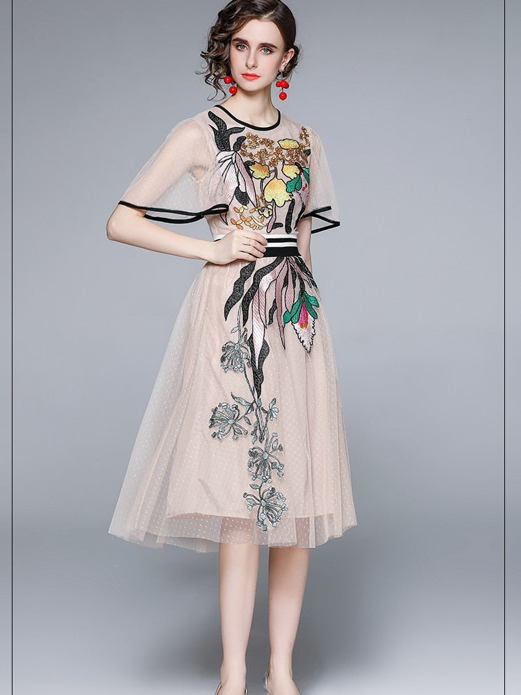 Butterfly Sleeve Flower Embroidery Slim A-Line Mesh Dresses