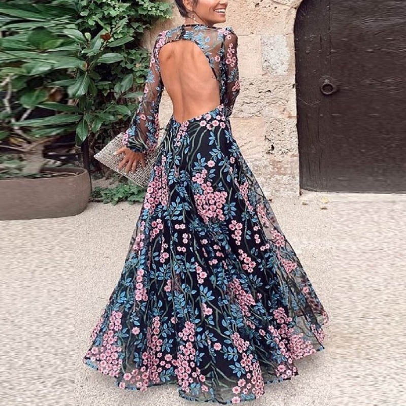 Floral Print O-neck Backless Bohemian Maxi Dress