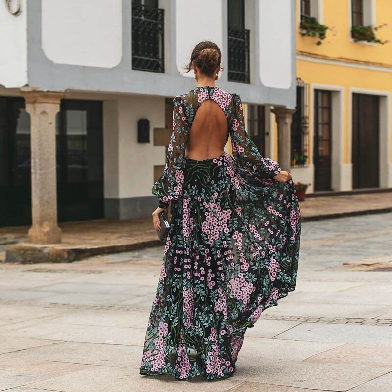 Floral Print O-neck Backless Bohemian Maxi Dress