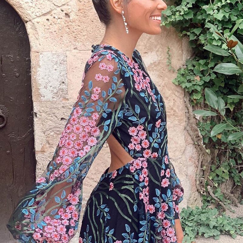 Floral Print O-neck Backless Bohemian Maxi Dress