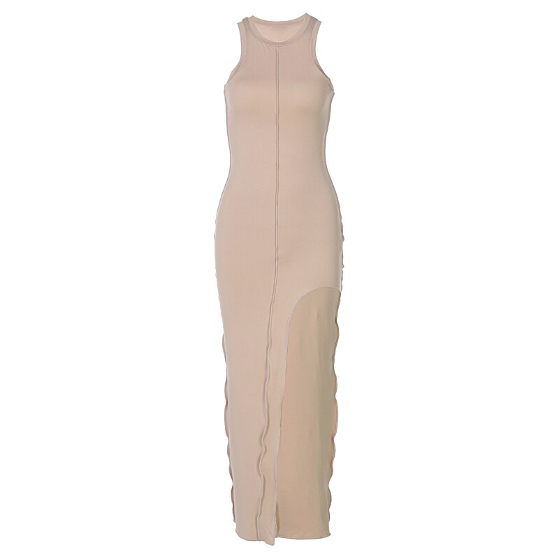 Patchwork Bodycon Solid Color Sleeveless Split Long Tank Dress