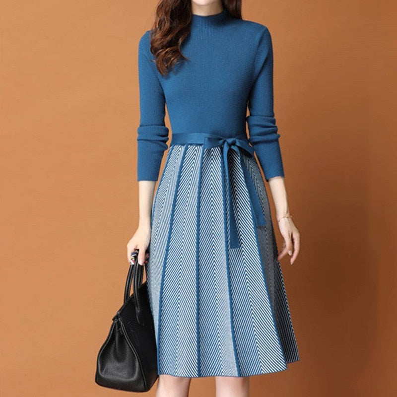 Elegant Knitted Sweater Pleated Dress